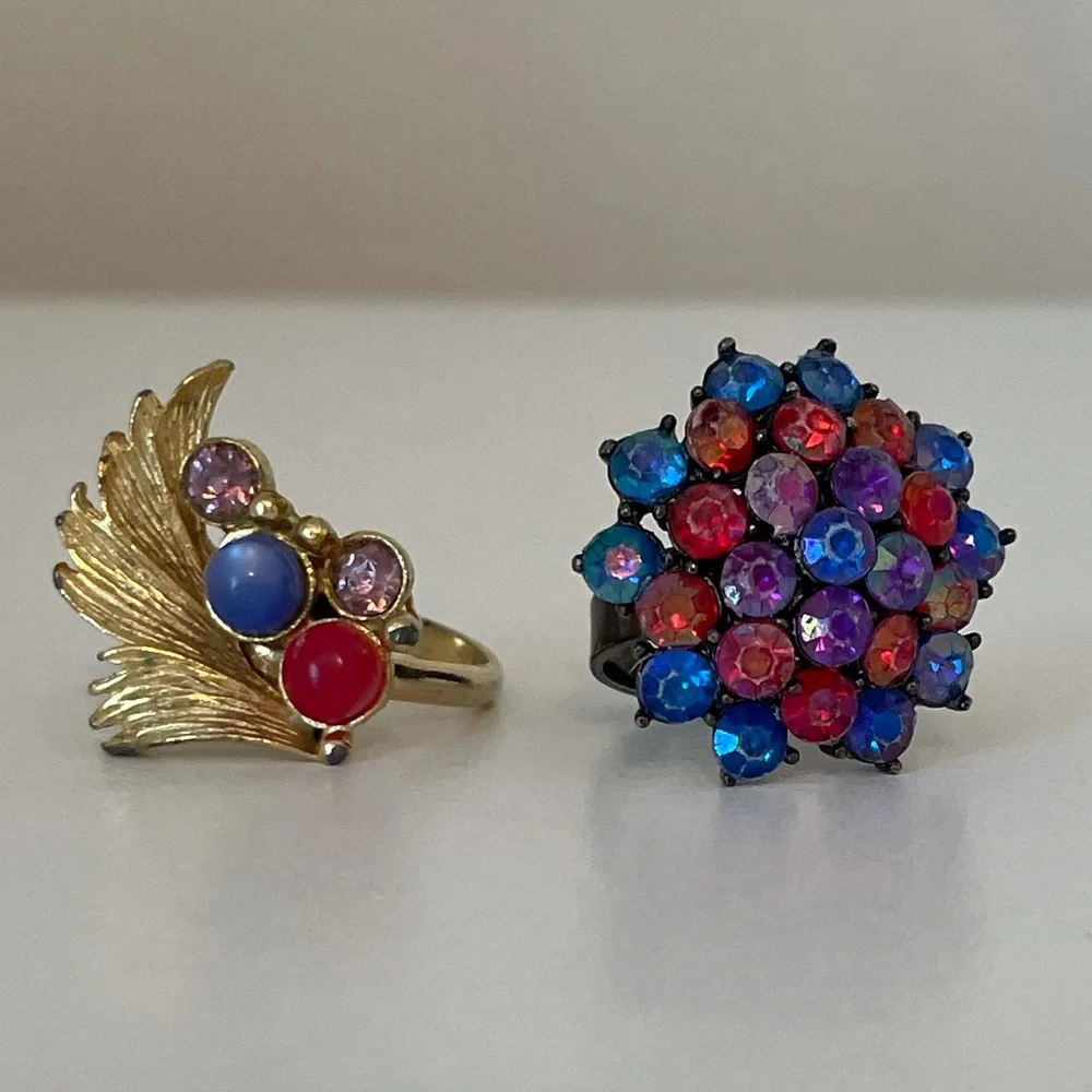 Vintage 70’s Rings Antique Gemstone Jewelry Adjustable 2 Piece Ring Set Blue Red